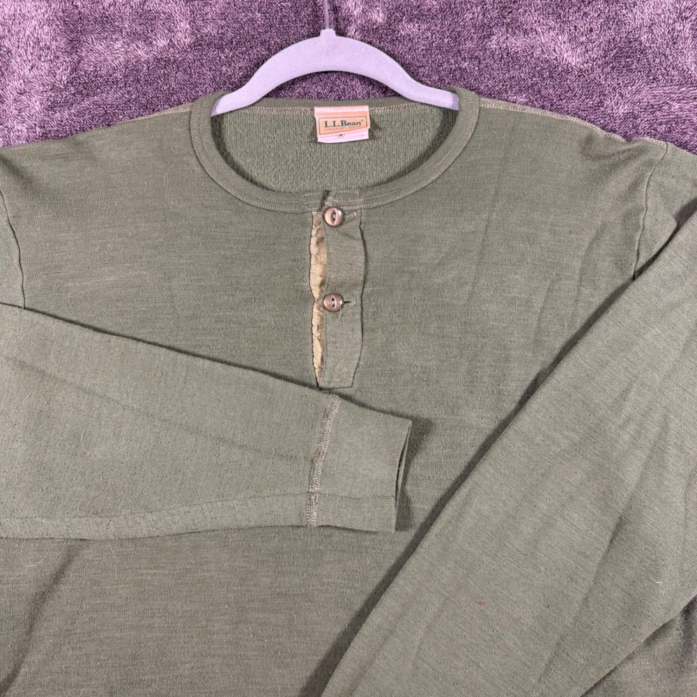 Vintage LL Bean Mens Long Sleeve Henley Shirt Olive Green Cotton Blend Size M